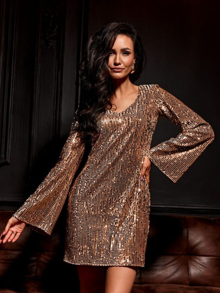 Stunning Sequined A-Line Mini Dress V-Neck Elegant Party Cocktail Gown (203369) lomora.store