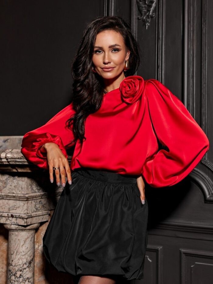 Evelyn Satin Blouse Luxurious Rose Detail Puff Sleeves Elegant Polish Design (203389) lomora.store