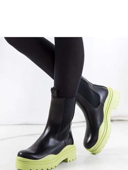 Stylish Black Ankle Boots Green Rubber Sole Autumn Winter Collection (204638)