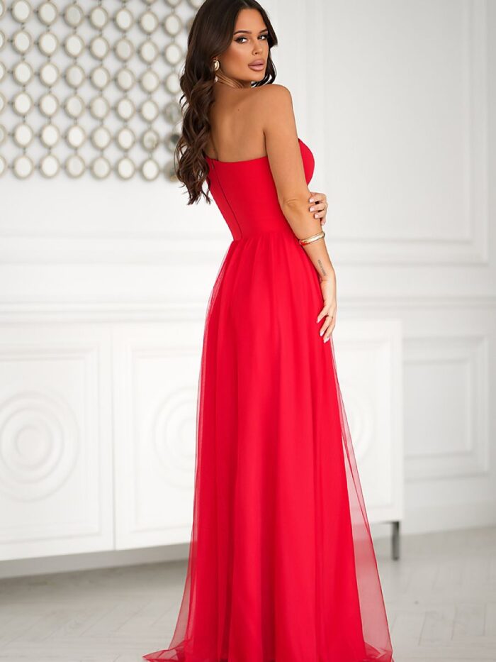 Shimmering Sequined Bicotone Gown Elegant Stiffened Top Flowing Mesh Bottom Slit (204863) lomora.store
