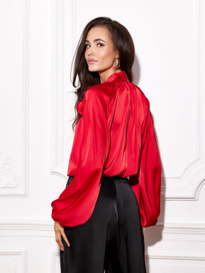 Elegant Puff Sleeve Satin Blouse Romantic Lace Neckline Exquisite Design (204899) lomora.store