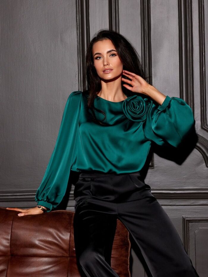 Luxurious Satin Blouse Elegant Rose Detail Puff Sleeves Polish Made (204905) lomora.store
