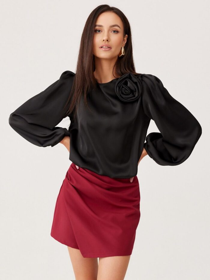 Luxurious Satin Evelyn Blouse Puff Sleeves Rose Detail Elegant Festive Wear (204906) lomora.store