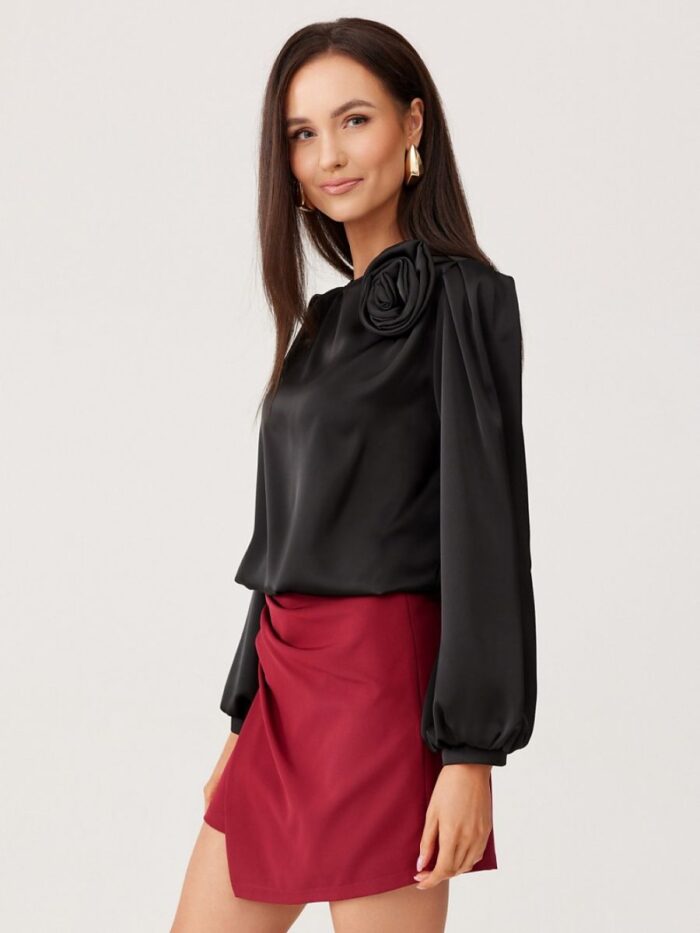 Luxurious Satin Evelyn Blouse Puff Sleeves Rose Detail Elegant Festive Wear (204906) lomora.store