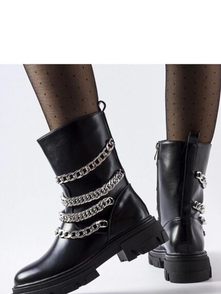 Eco Leather Black Chain Boots Stylish Comfortable Durable Flat Medium Heels (206523)