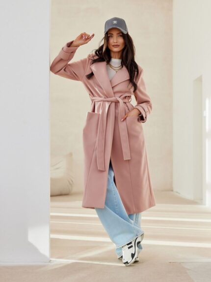 Elegant Womens Classic Long Sleeve Coat with Waist Tie Side Pockets and Lining (206985)