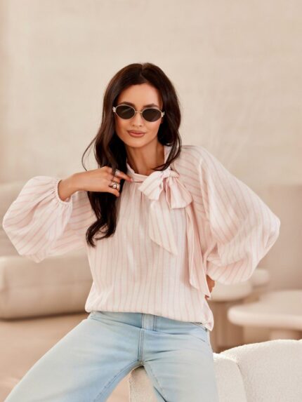 Elegant Puff Sleeve Blouse Romantic Lace Neckline Elastic Cuffs (206991)