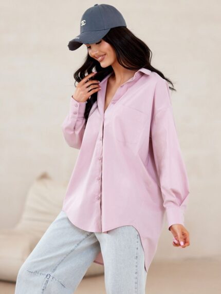 Elegant Oversized Polish Made Womens Shirt Asymmetrical Long Sleeve Button Down Top Rich Colors Durable Fabric (207003)