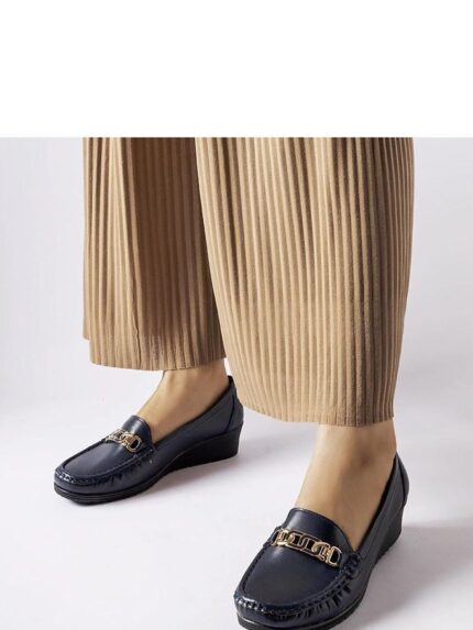 Elegant Navy Blue Buckle Wedge Moccasins Eco Leather Summer Comfort Style (207683)