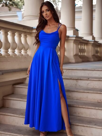 Robe longue fendue élégante Dos nu Cravate tressée Décolleté d'eau Fermeture à glissière Parfait pour toute occasion (208831)