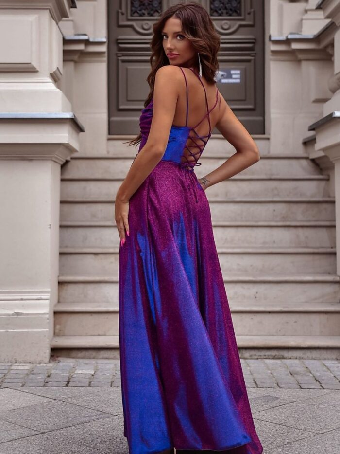 Stunning Shiny Long Dress Elegant Slit Backless Tie Neckline Concealed Zipper (208846) lomora.store