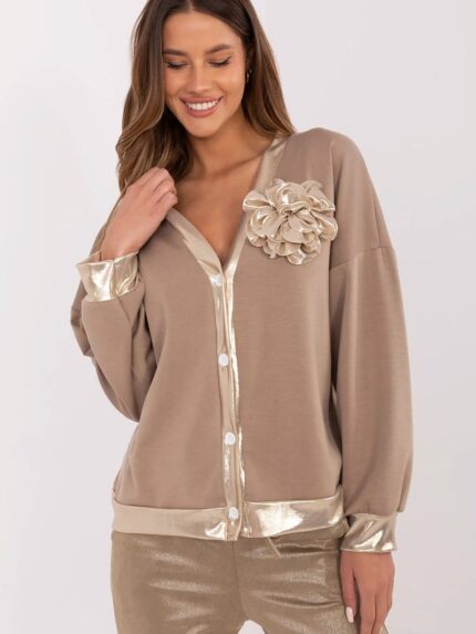 Luxury V-Neck Blouse Elegant Classic Design Detachable Brooch Polyester Viscose Elastane (208992)
