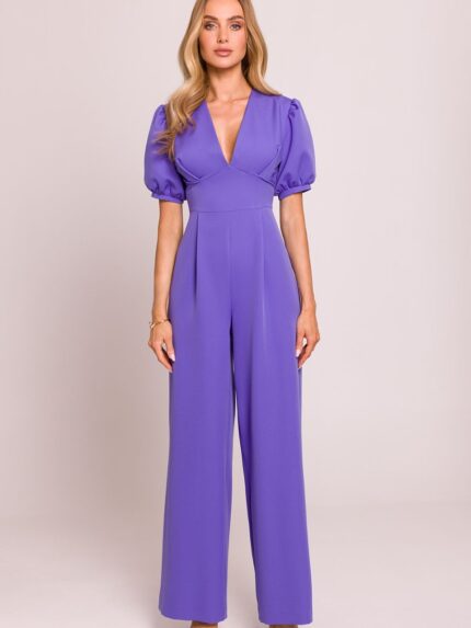 Elegant Polish Made Jumpsuit Deep V-Neck Puff Sleeves Flared Legs (209243)