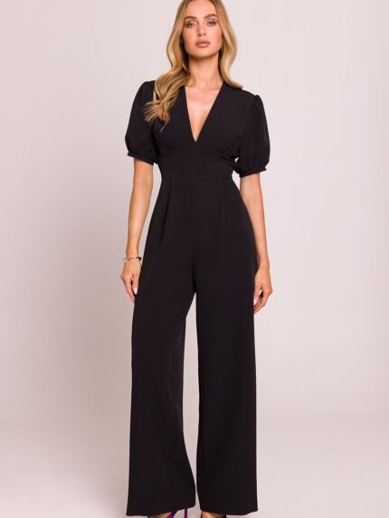 Elegant Polish Made Deep V-Neck Jumpsuit  High Quality Fabric Puff Sleeves Wide Leg Pants (209244)