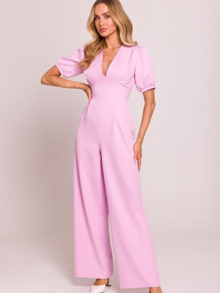 Elegant Polish Made Deep V-Neck Jumpsuit High Quality Fabric Puff Sleeves Wide Leg (209245)