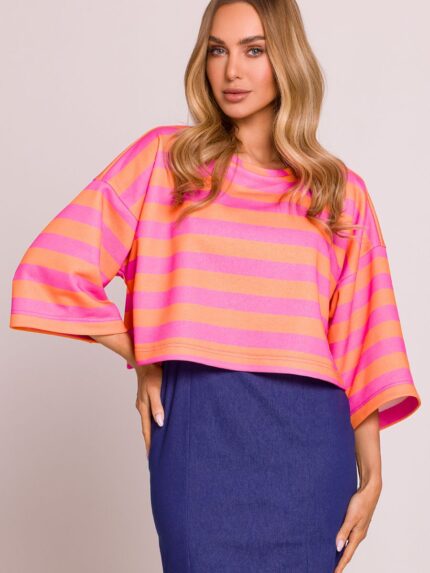 Ultra Soft Oversize Striped Knit Sweater Boat Neck 34 Sleeves Polish Made Casual Elegant (209285)