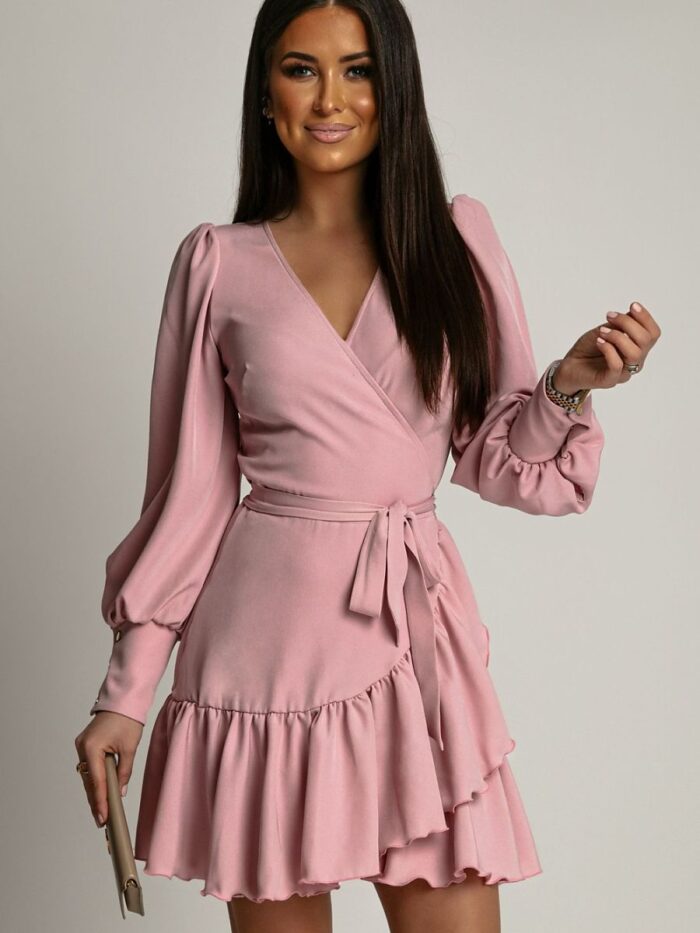 Elegant Long Sleeve Wrap Dress Feminine V-Neck Ruffle Detail Perfect Fit (209307) lomora.store