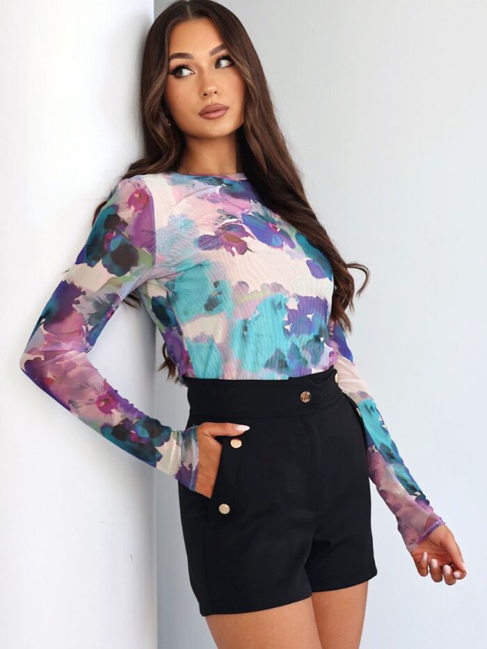 Elegant Tulle Blouse Long Sleeves Colorful Print Versatile Style Sophisticated Look (209340) lomora.store