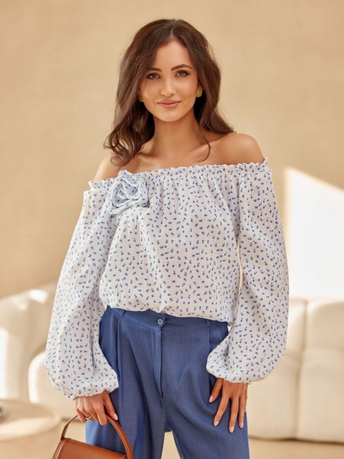 Elegant Spanish Style Puff Sleeve Blouse Elastic Neckline Rose Detail (209557) lomora.store