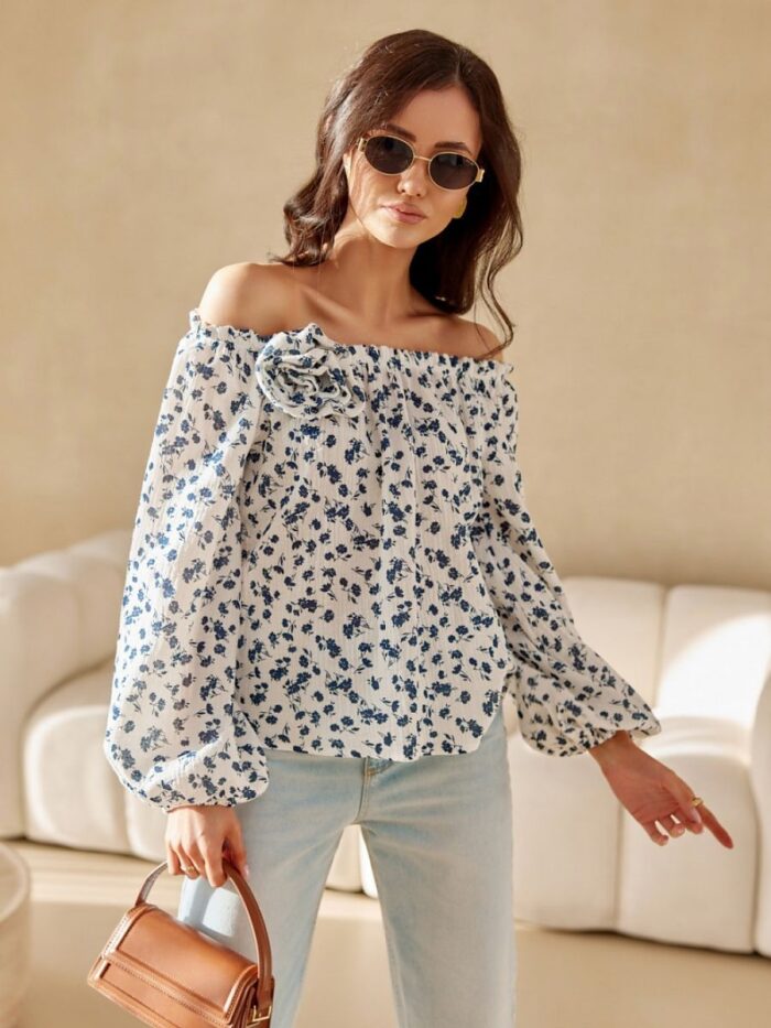 Elegant Spanish Puff Sleeve Blouse with Elastic Neckline Rose Detail (209560) lomora.store