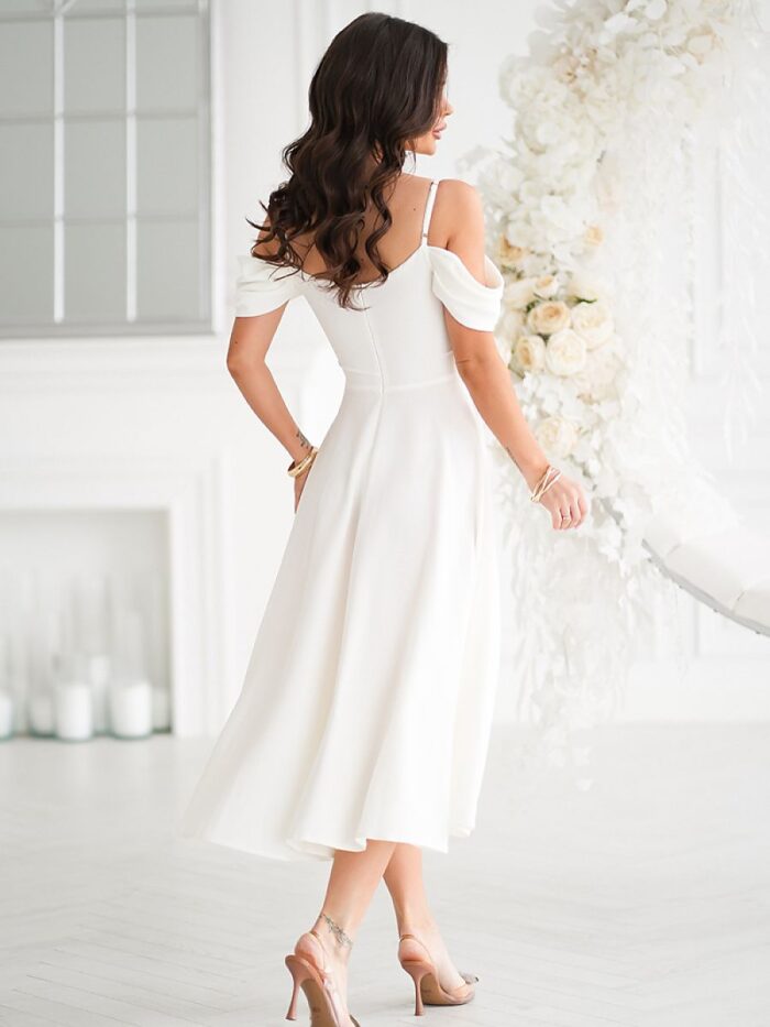 Elegant Ecru Midi Dress Draped Top Dropped Sleeves Flared Skirt Concealed Zipper (210729) lomora.store