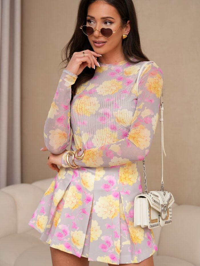 Prachtig Dames Tule Blouse en Rok Shorts Set Elegant Modern Design Kleurrijke print (211221) lomora.store
