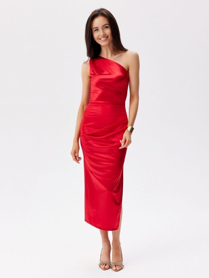 Stunning Asymmetrical Satin Midi Dress One Shoulder Slit Detail (211576) lomora.store
