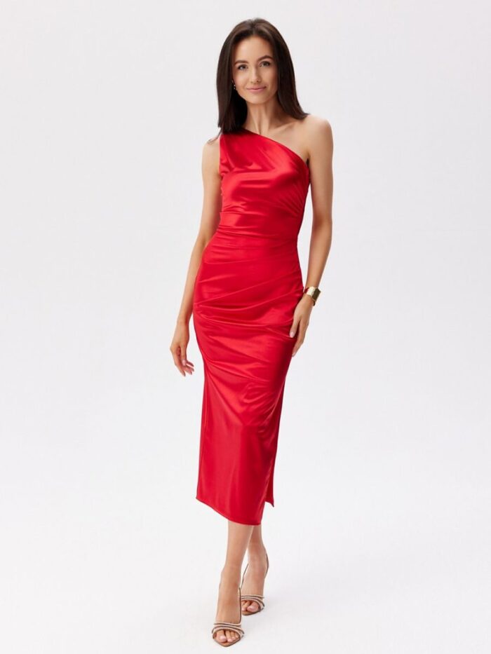 Stunning Asymmetrical Satin Midi Dress One Shoulder Slit Detail (211576) lomora.store
