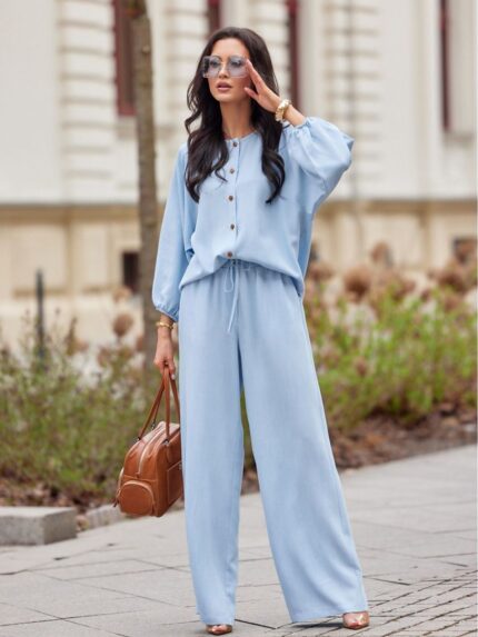Elegant High Waisted Wide Leg Trousers for Women with Pockets and Elastic Waistband (211892)
