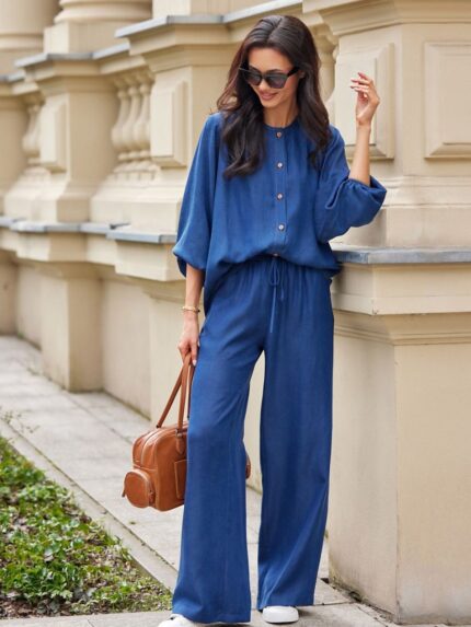 Elegant High Waisted Wide Leg Trousers with Pockets Elastic Waistband (211894)