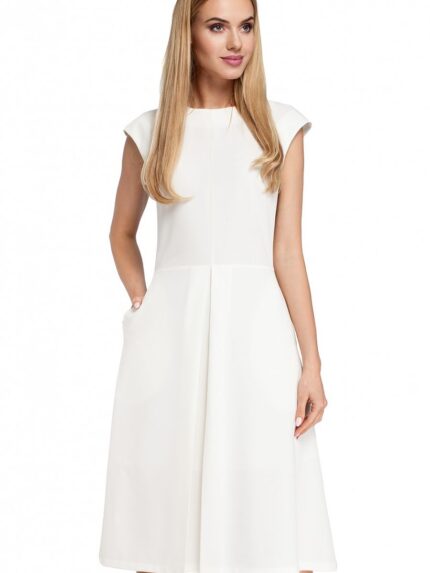 Elegant Professional Midi Dress Fitted Top Trapeze Skirt Contrasting Pleat Accentuated Waist (85022)