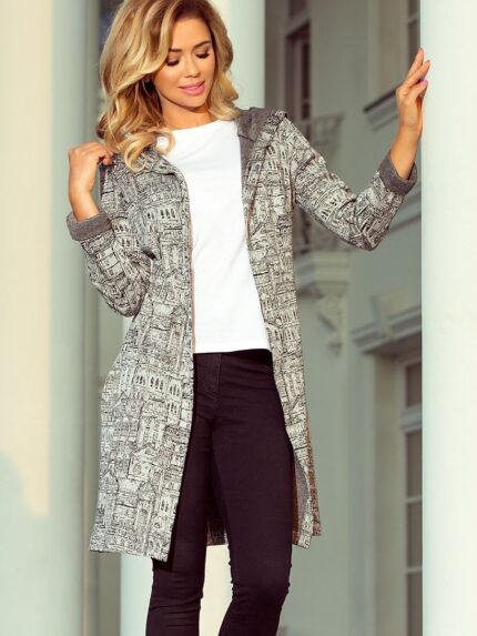Numoco Jacquard City Pattern Hooded Long Jacket Warm Pockets Polish Made (123049)