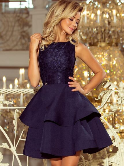 Stunning Navy Blue Lace Evening Dress Heavily Flared Skirt Polish Design (123488)