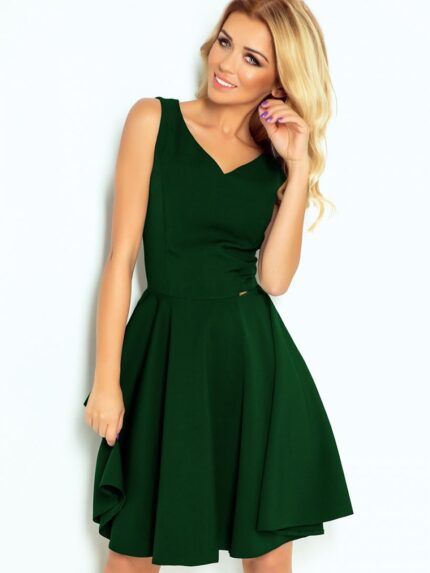 Numoco Bottle Green Heart Neckline Flared Dress Luxurious Fabric Elegant Style (124413)