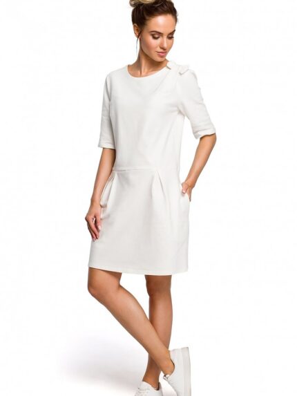 Elegant Knit Mini Dress Unique Bow Detail Side Pleats Low Waist (127557)