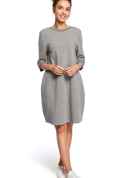 Effortless Chic Loose Day Dress Deep V-Back 34 Sleeves Pockets (127582)