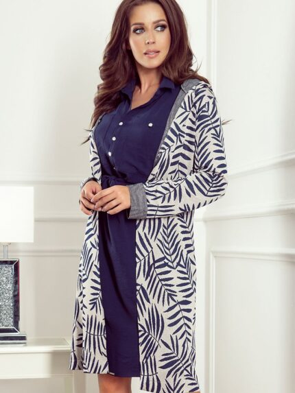 Numoco Blue Leaf Jacquard Hooded Cardigan Warm Cozy Pocket Polish Design (134664)