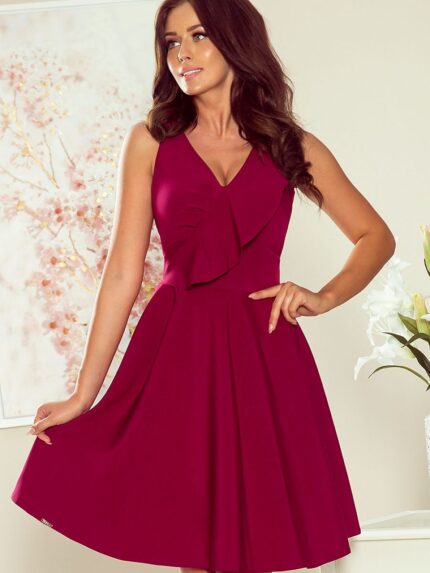 Stunning Maroon Flared Frill Neckline Cocktail Dress Polish Design (136462)