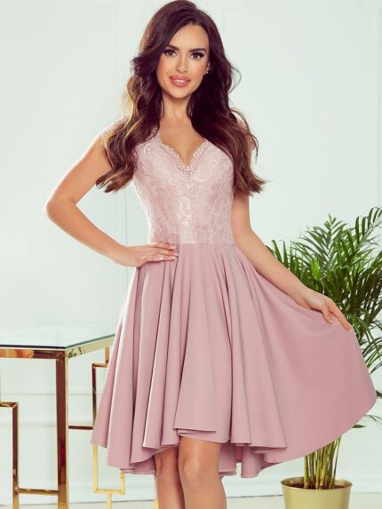 Numoco Exclusive Asymmetrical Powder Pink Evening Dress Longer Back Lace Detail Short Sleeves (141307)