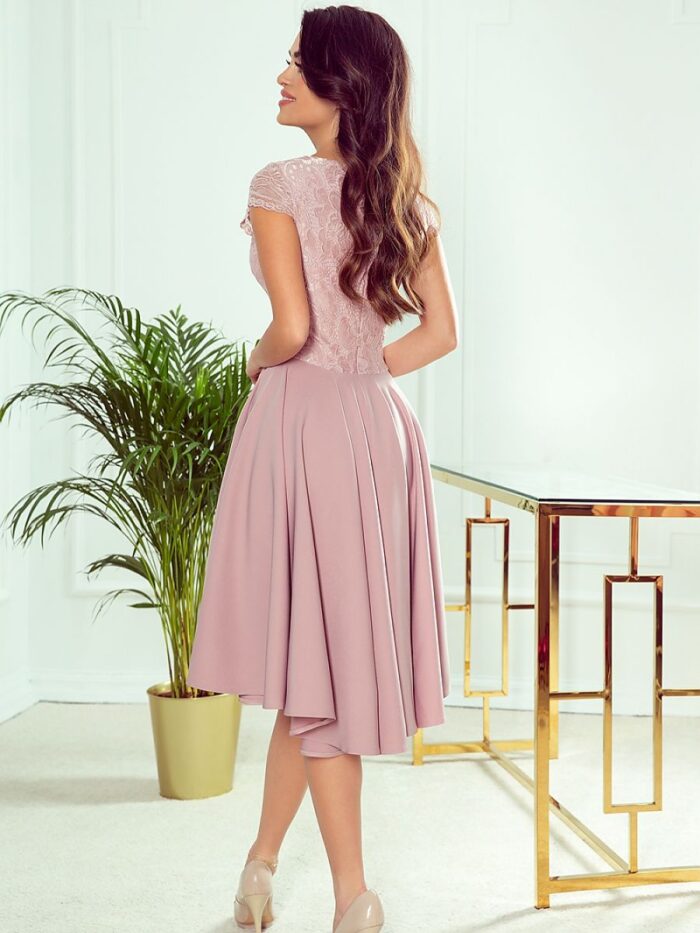 Numoco Exclusive Asymmetrical Powder Pink Evening Dress Longer Back Lace Detail Short Sleeves (141307) - Image 3