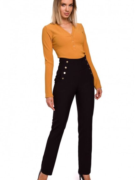Elegant High-Waisted Slim Fit Trousers Concealed Zip Decorative Pockets (147451)