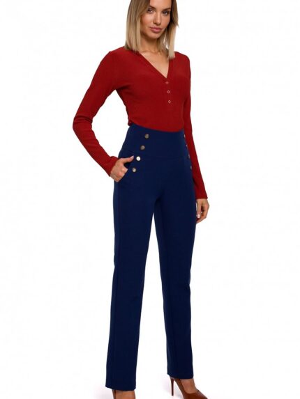 Elegant High-Waisted Slim Fit Trousers Concealed Zip Decorative Pockets (147453)