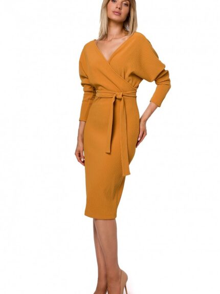 Sensual Ribbed Knit Daydress Fitted Bottom Flowy Top Belted Design (147477)