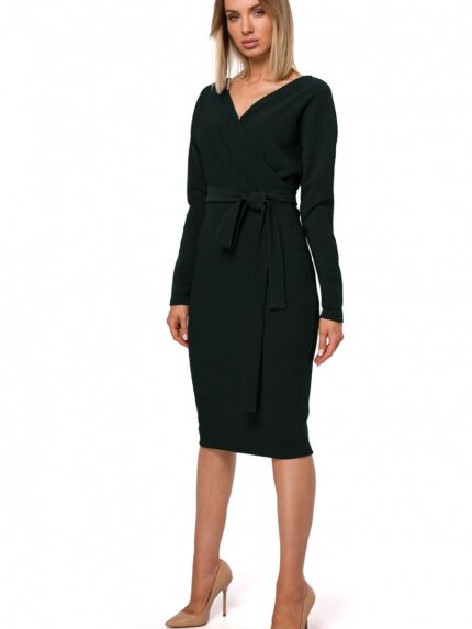 Sensual Ribbed Knit Day Dress Fitted Bottom Flowy Top Belted Design (147478)