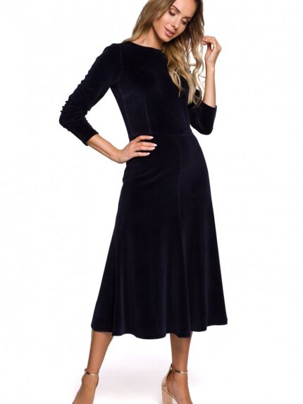 Elegant Velor Evening Dress Pleated Sleeves Fishnet Hem Knee Length (149990)