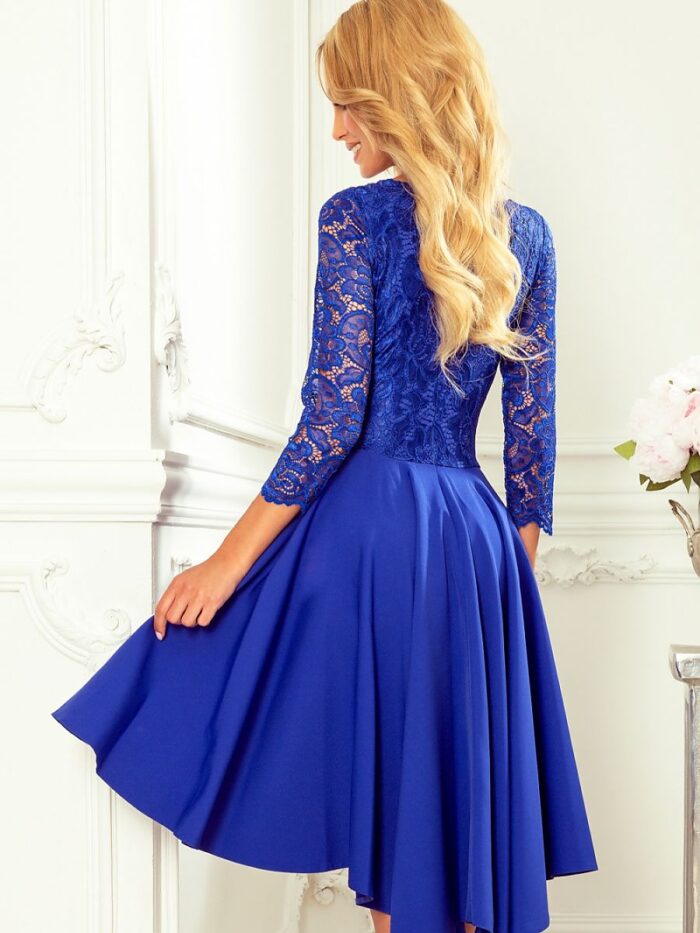 Numoco Asymmetrical Blue Evening Gown Exclusive Polish Design 34 Sleeves Lace Detail Longer Train (152006) - Image 3
