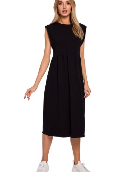 Flattering Midi Knit Dress High Waisted Slimming Silhouette Short Sleeves (153680)