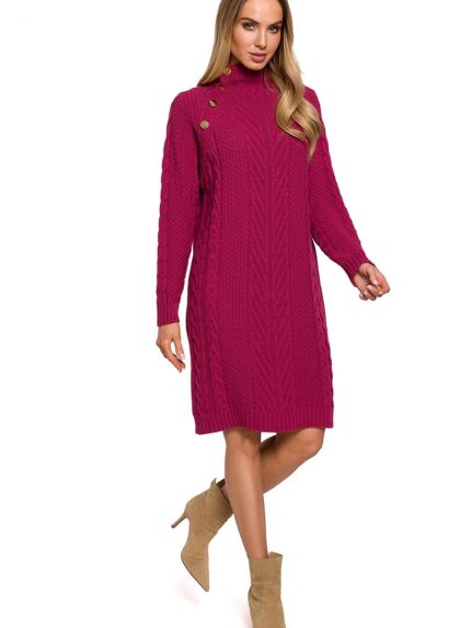 Elegant Gold Button Turtleneck Knee Length Sweater Dress (157258)
