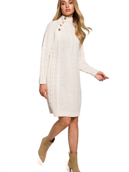Elegant Gold Button Turtleneck Knee Length Sweater Dress (157260)