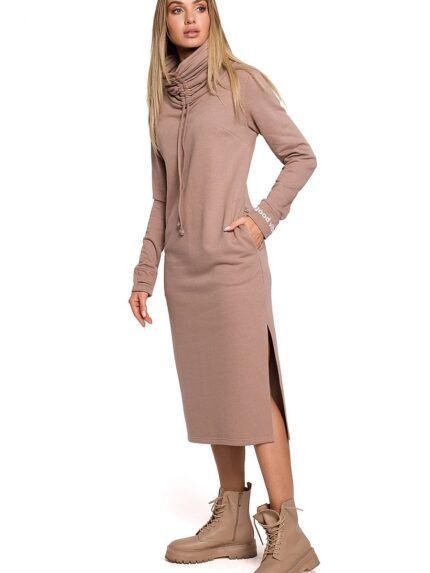 Ultra Cozy Knit Maxi Dress Side Slit High Collar Adjustable Straps Thumbholes Pockets (157291)